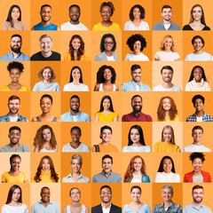 Collection Of Multicultural Happy People Faces Posing Over Orange Background