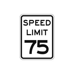 Rectangular traffic signal with white background and text in black, isolated on white background. Speed limit to seventy five