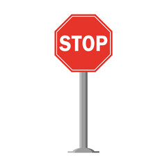 Octagonal traffic signal in red with text on white, with stick and isolated on white background. Mandatory Stop. Text in english