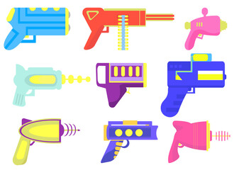 Set of vector bright blasters in simple flat style isolated on white background. Fantastic gun.