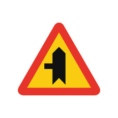 Triangular traffic signal in yellow and red, isolated on white background. Temporary warning of side road on the left