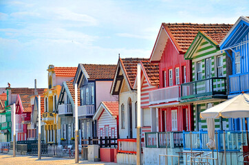 Portugal, Costa Nova. Fisherman's village with striped, decorated houses, which line the main...