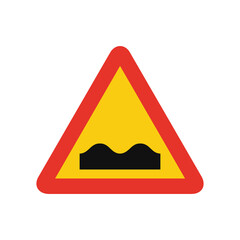 Triangular traffic signal in yellow and red, isolated on white background. Temporary warning of humb or rough road