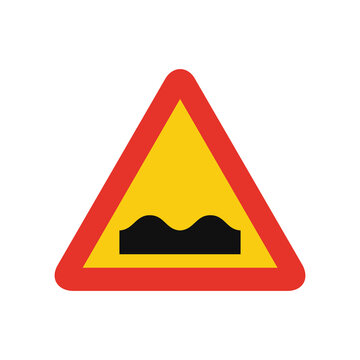 Triangular traffic signal in yellow and red, isolated on white background. Temporary warning of humb or rough road