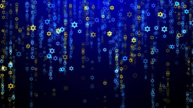 Seamless Loop Artistic Blue And Yellow Abstract Shiny Glitter Star Of David Judaism Symbol Confetti Shapes Falling Rain Background Animation