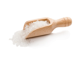 salt in a wooden spoon on white isolated