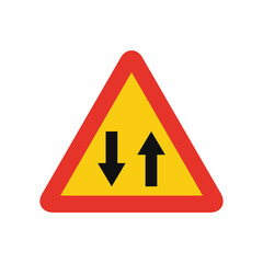 Triangular traffic signal in yellow and red, isolated on white background. Temporary warning of two-way traffic straight ahead