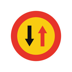 Rounded traffic signal in yellow and red, isolated on white background. Temporary priority in the opposite direction