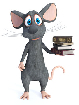 3D rendering of a cartoon mouse holding a pile of books.