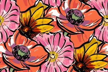 Seamless pattern. Red large flowers. Poppies, rudbeckia and mallow.
