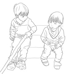 石段に腰かける、枝を持った子どもの線画