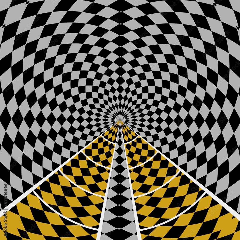 Poster grey and black chequered pattern with contrasting yellow and black zone with white ladder frames cur