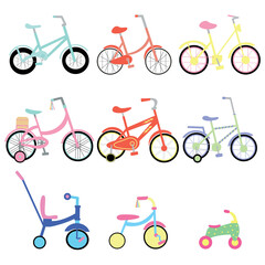 Naklejka premium Large vector set of children's bicycles of different ages. Objects isolated on white background. 