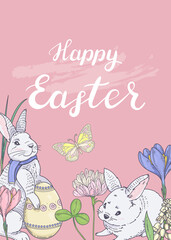 Vertical Easter flyer with bunnies and spring flowers

