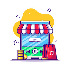 Buying music on mobile smartphone Vector Cartoon Illustration. Music Icon Concept White Isolated. Flat Cartoon Style Suitable for Web Landing Page, Banner, Sticker, and Background