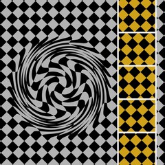grey and black chequered pattern with contrasting yellow and black zone with white ladder frames turbulence and twirl design