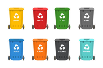 Waste bins for sorting and separating waste for organic, paper, plastic, glass, metal. Separation of garbage into different containers. Recycling sorting, waste collection