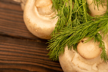 Fresh young mushrooms and juicy green dill on the table.