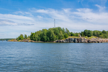 View of the rocky shore of Vallisaari island and Gulf of Finland, Helsinki, Finland