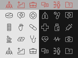 A simple set of medicine ICONS, contains medicine icons, pills, related vector line icons. thin lines, pain, syringe, lungs, microscope, cardiogram, virus and much more. Editable stroke.