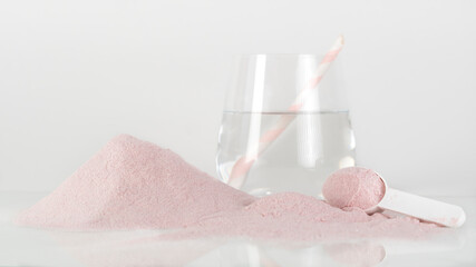 Natural strawberry collagen protein powder for skin regeneration. Plant based. Hydrolyzed. The concept of food additives.