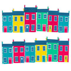 Colourful houses and homes illustration, square format.