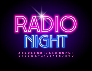 Vector glowing sign Radio Night. Electric light Font. Pink Neon set of Alphabet Letters and Numbers set