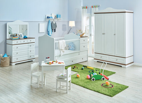 Modern Blue Baby Room Style With White Dresser Bed And Game Table, Young Room.