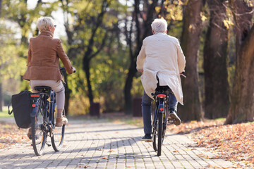 Older caucasian couple riding bicycles through the public park together. Back view