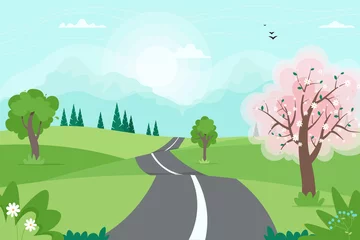 Fototapeten Cute spring road landscape with mountains. Vector illustration in flat style © Ольга Гладій