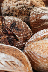 Fresh baked homemade rye bread, top view, copy space.