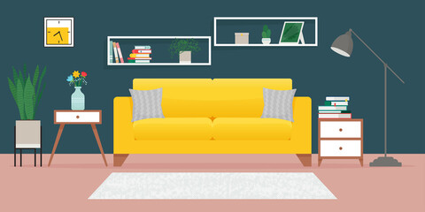 Cozy living room with sofa. Vector illustration in flat style, interior in loft design