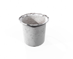 blank enamel mug on bright floor in a bright studio. 3d rendering