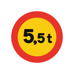 Rounded traffic signal in yellow and red, isolated on white background. Temporary entry prohibited for vehicles with higher laden mass than indicated