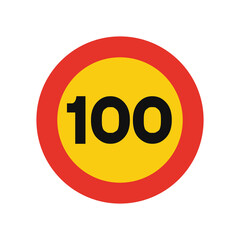Rounded traffic signal in yellow and red, isolated on white background. Temporary speed limit of one hundred