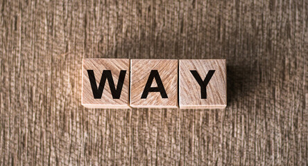 WAY word written on wooden blocks on a brown background.