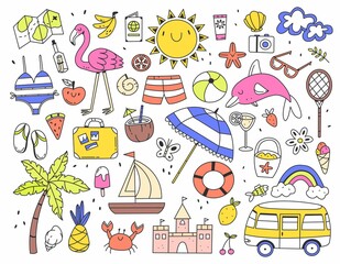 Large set of color different summer items doodle style isolated on white background. Vector doodle illustration.