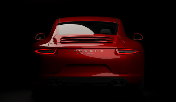Almaty, Kazakhstan. MARCH 18: Porsche 911 carrera turbo luxury stylish fast sport car black dark background. 3D render