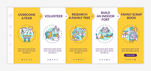 Family bonding tips onboarding vector template. Overcome parenting fear. Research family tree. Responsive mobile website with icons. Webpage walkthrough step screens. RGB color concept
