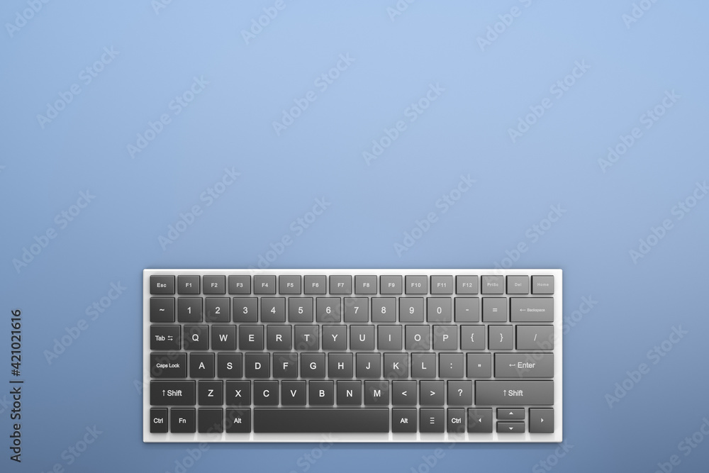 Poster wireless computer keyboard on the table. top view. copy space. office topics