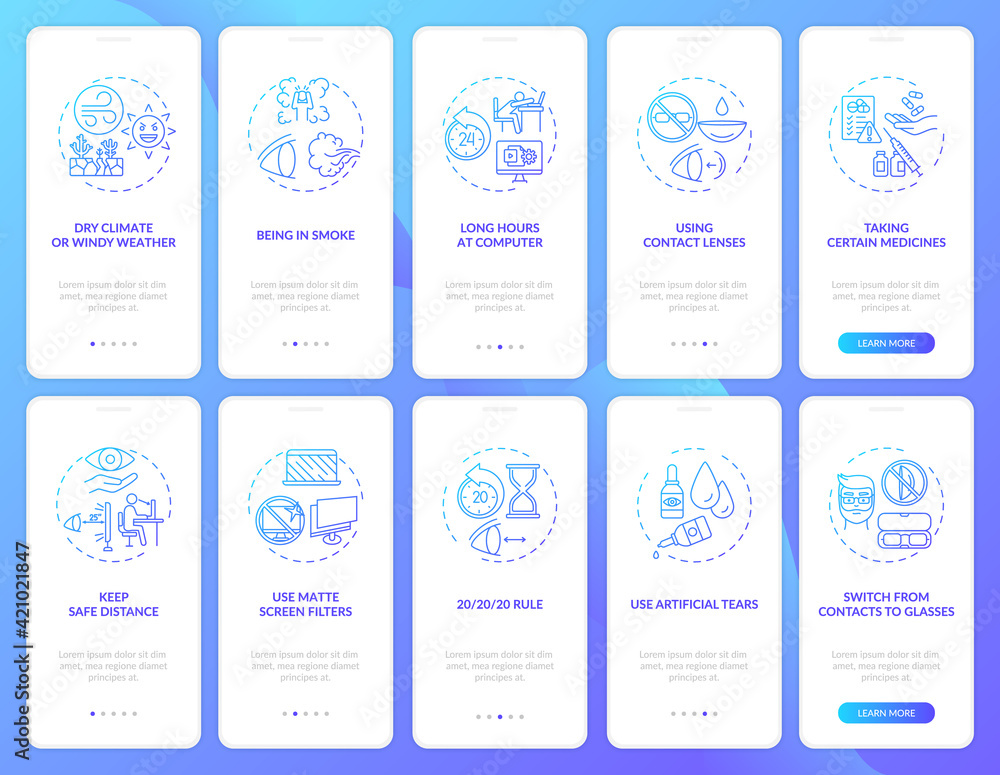 Poster eye health onboarding mobile app page screen with concepts set. improving vision of human eyes walkt