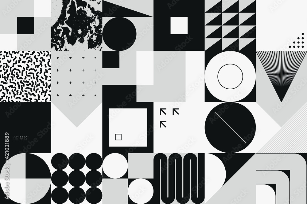 Poster brutalism inspired artwork of modern abstract vector pattern graphics with bold geometric shapes and
