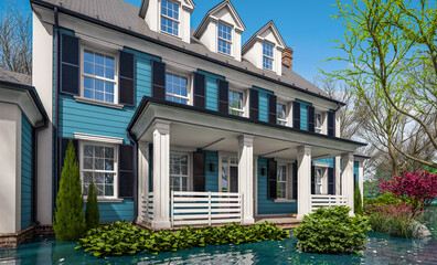 3d rendering of classic house in colonial style in spring water cataclysm. House is experiencing a devastating flood. General evacuation is underway