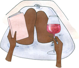 beauty hand drawn watercolor clipart fashion girl digital illustration black woman sublimation self care healthy fitness wine book bath