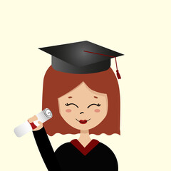 happy smiling graduate student in graduation gown holding diploma. Vector illustration isolated