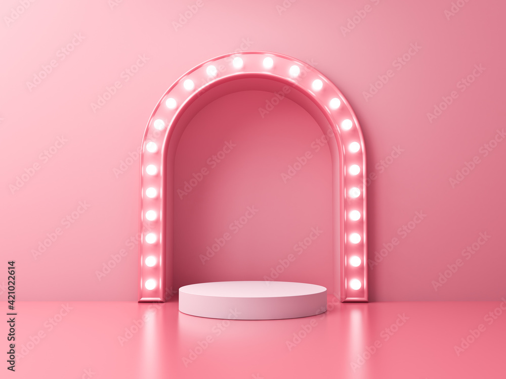 Leinwandbilder blank white podium pedestal or platform with glowing retro light bulbs isolated on pink pastel color