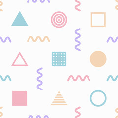 Geometric seamless pattern with circles and triangles. Memphis style for fashion. Vector abstract background.