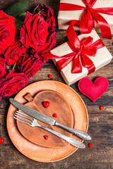 Romantic dinner table. Love concept for Valentine's or mother's day, wedding cutlery