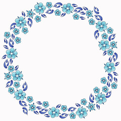 Isolated wreath of drawn blue flowers and blue leaves in gzhel style on white background