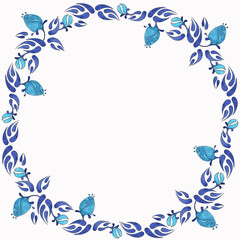Fototapeta na wymiar Isolated wreath of drawn blue buds and blue leaves in gzhel style on white background